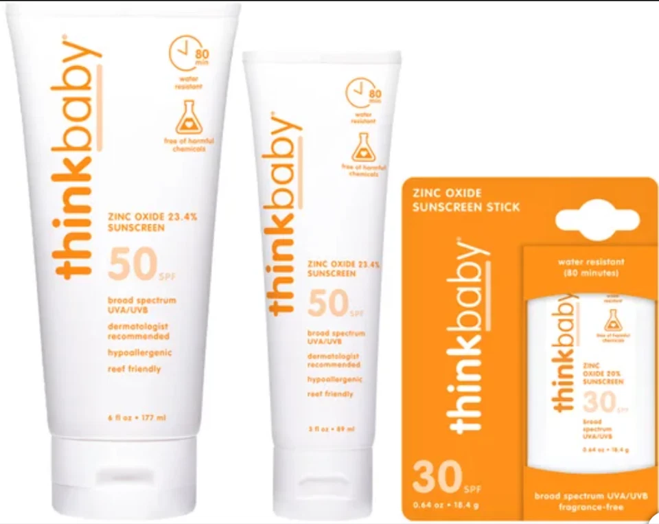 Pacote de protetor solar Thinkbaby FPS 50/30 6 oz + loção 3 oz + conjunto de bastões EXP 11/2026 - Imagem 2 de 2