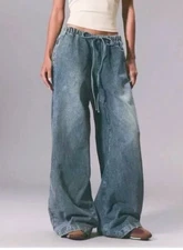 Musera Revolve Ultra Wide Leg Jeans Pants sz M Pull On Drawstring Denim Grunge