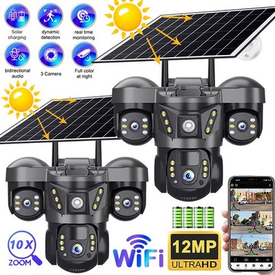 WIFI Wireless Camera Solar Battery 3Lens 12MP Home Security Camera Outdoor PTZ
