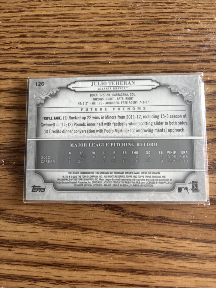 2013 Topps Triple Threads Future Phenoms Julio Teherán #126/25 (AU, MEM) Foto 2 de 2