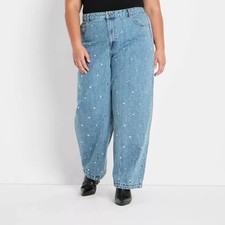 Women's Mid-Rise Studded Barrel Leg Jeans - Future Collective Blue Denim 18