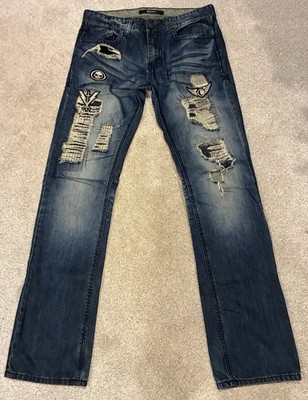 CJ Black Premium Distressed Blue Jeans Men s 32X34 Skull Patches Whiskers Sewn 