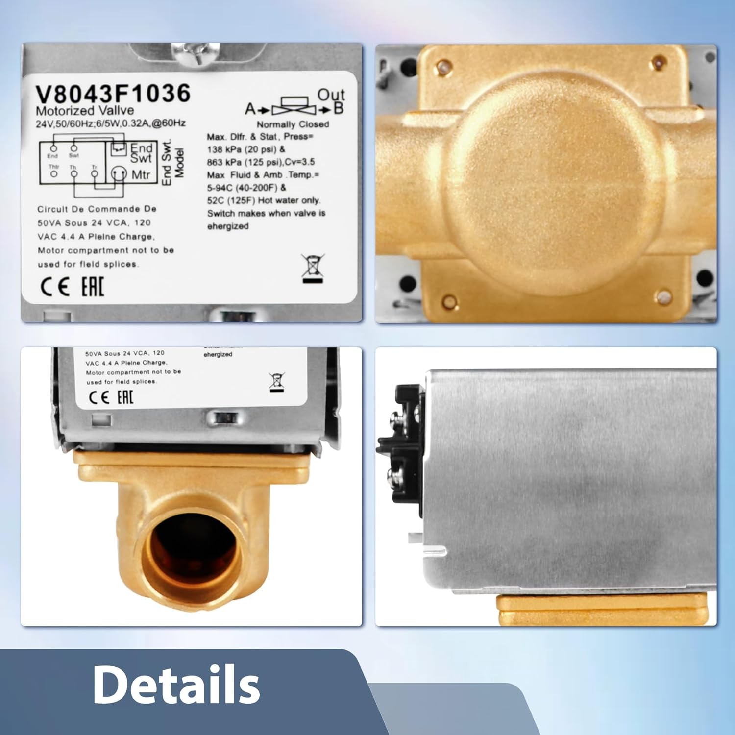 V8043F1036 Zone Valve 2-Way 4-Wire 24V Motor Normally Closed 3/4" Sweat