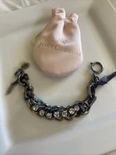 Juicy Couture Silver Tone Bow Bracelet with Rhinestone Ribbon