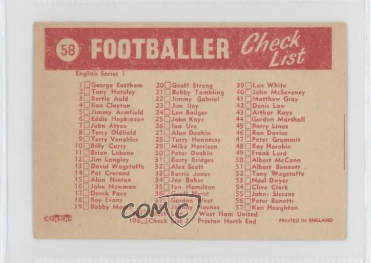 Lista de verificación de tarjetas de concurso de fútbol americano A&BC 1964-65 equipo West Ham United FC #58 Foto 2 de 2