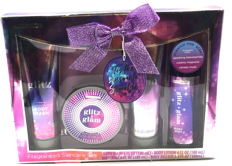 GLITZ & GLAM 4 PC SCENT THEORY FRAGRANCED SKIN CARE SET WASH LOTION MIST BUTTER
