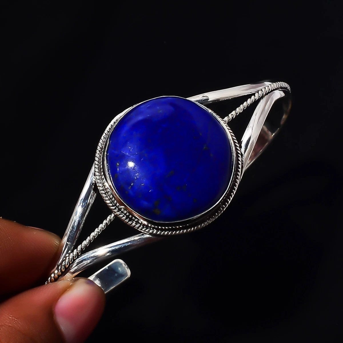 Lapis Lazuli Gemstone 925 Sterling Silver Handmade Bangle Jewelry Gift For