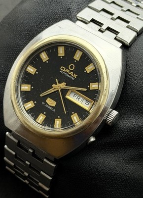 Vtg 1970s OMAX 7 Day Date Men s 38mm Automatic Watch 17j SS Case Bracelet Black