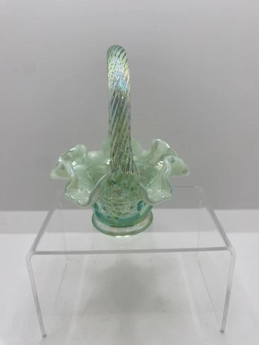Fenton Art Glass Mint Green Opalescent Mini Basket Grapes And Leaves 4"