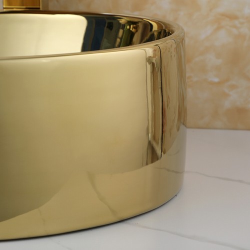 Lavabo bagno rotondo lavabo ceramica oro mobile lavabo ponte rubinetto scarico ottone - Foto 10 di 13