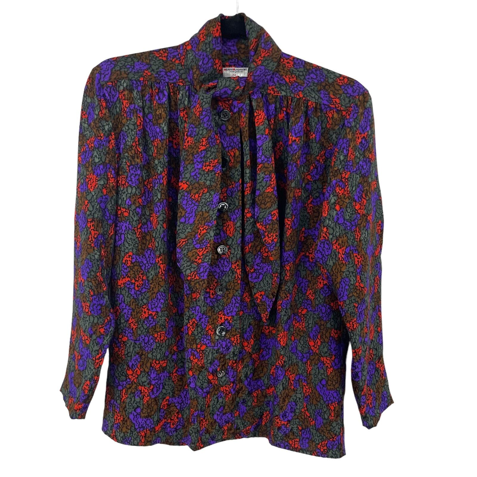 Camicetta vintage Saint Laurent Rive Gauche colorata seta cravatta collo bottoni US 4
