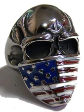 SKULL AMERICAN FLAG BANDANA STAINLESS STEEL RING size 7 silver metal S-526 biker