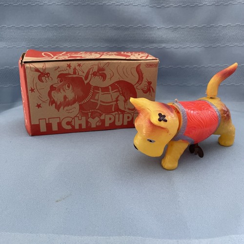 Rare Vintage Sonsco “Itchy Puppy “ Wind Up Celluloid Dog W/Box