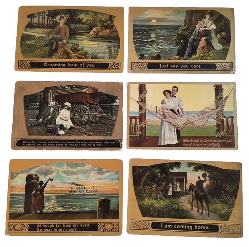 Lotto di 6 antiche cartoline d'amore e romanticismo con bordo oro - Foto 1 di 7
