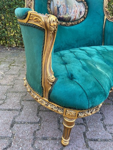Sofa, Vintage Louis XVI, Refinished Green Velvet, Gold Leaf Beech, French 1960s - Picture 7 of 14