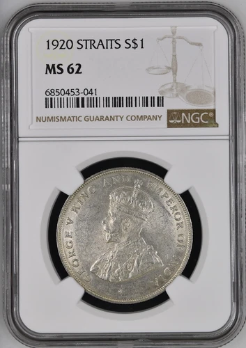 :1920 S$1 SILVER DOLLAR GEORGE-V STRAITS SETTLEMENTS NGC MS62 RARE BLAST WHITE