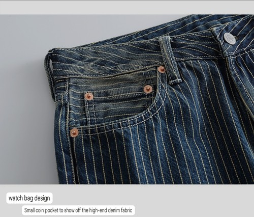 Men's Vintage American Retro Amekaji Style Wabash Striped Denim Workwear Pants - Picture 9 of 20