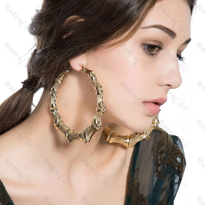 10cm JUMBO BAMBOO HOOP EARRINGS 4big GIANT gold/silver fashion XL HOOPS  metal