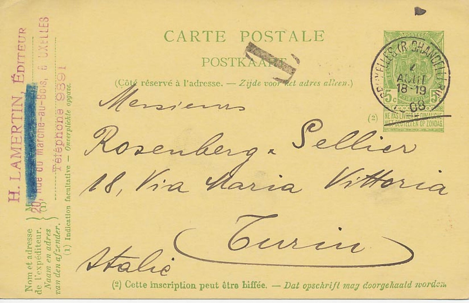 BELGIUM 1908 Coat of Arms 5C Postcard K1 BRUXELLES (R CHANCE/Rue) n ITALY - VARIETY