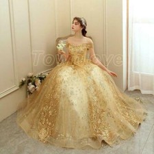 Women Gold Off The Shoulder Ball Gown Quinceanera Dresses Burgundy Prom Dress