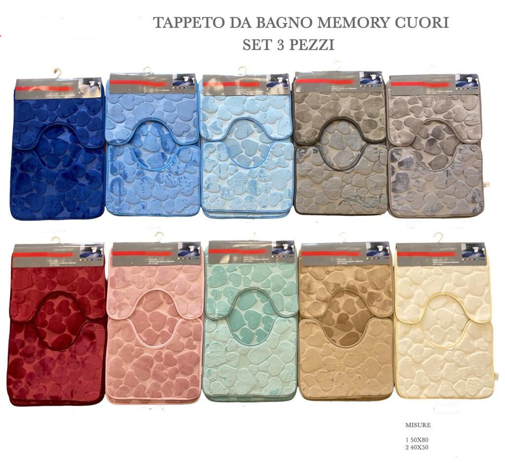 Set 3 Tappeti Bagno Antiscivolo Memory Foam Con Cuoricini – Rettangolare 50x80 + Girowater 45x50, Tortora - 3