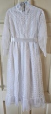 Vtg 70s LONG LENGTH EYELET LACE FIRST COMMUNION DRESS SZ 8 Sheer MODEST Boho