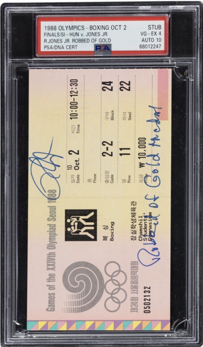 ROY JONES JR SIGNED 1988 OLYMPICS STOLEN GOLD MEDAL BOXING TICKET PSA 4 AUTO 10