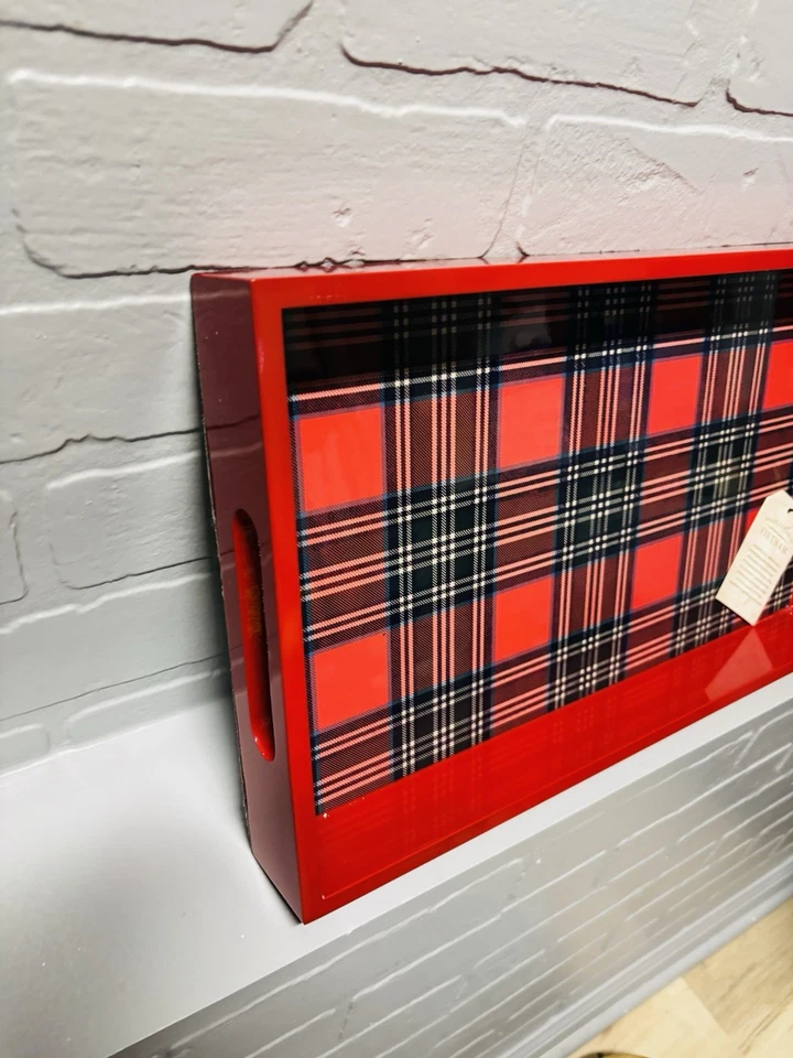 NWT Ralph Lauren Inspired Handmade Red Wooden Plaid Lacquered Serving Tray - Image 4 of 4