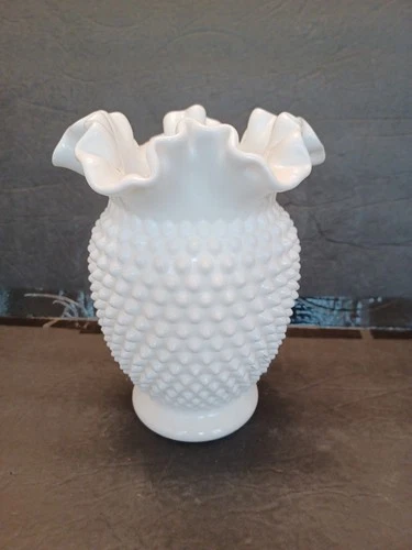 Fenton Hobnail Milk Glass Ruffled Crimped Edge Vase 8"X6" FREE SHIPPING SEE