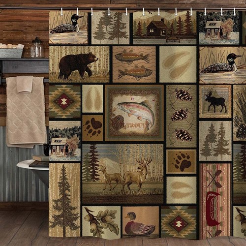 Cabin Shower Curtain, Rustic Cabin Lodge Shower Curtain Bear Moose Farmhouse ... - Picture 2 of 5