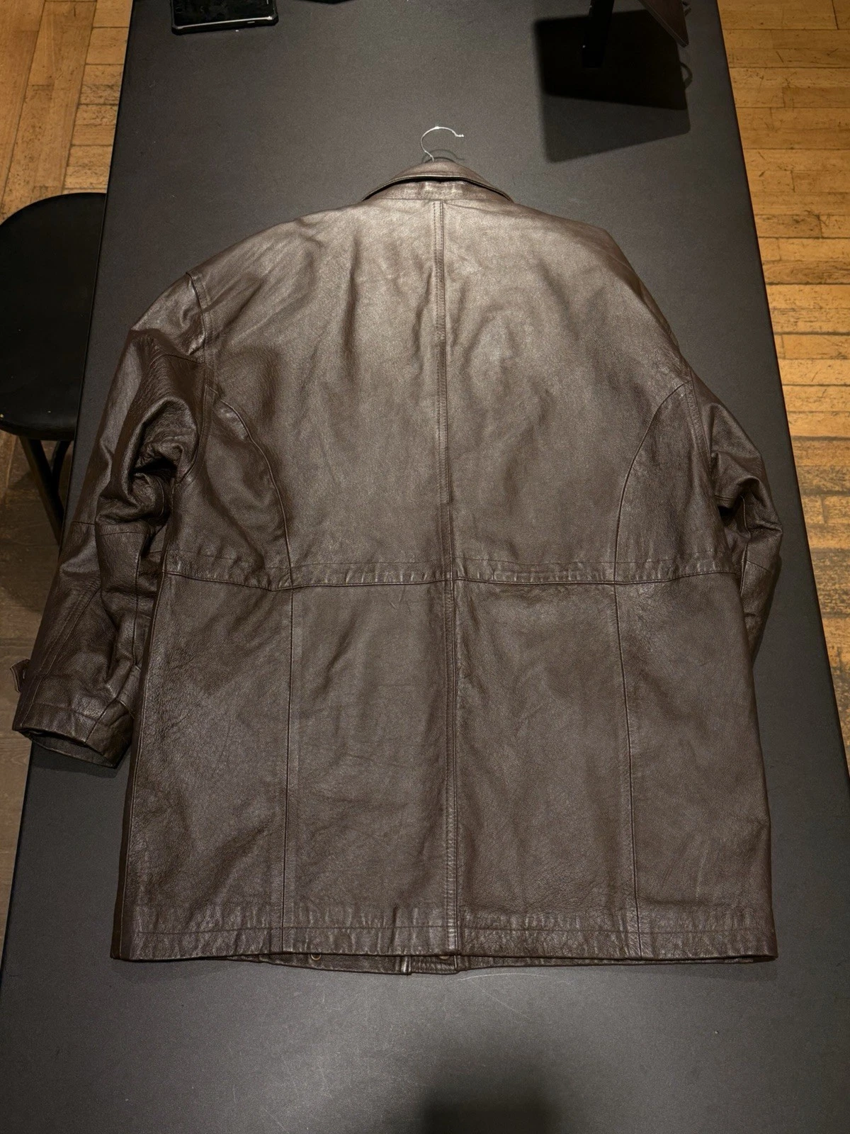 Men's Large Brown Real Leather Cinch Waist Field Jacket Zip and Button Front - product detail image 3