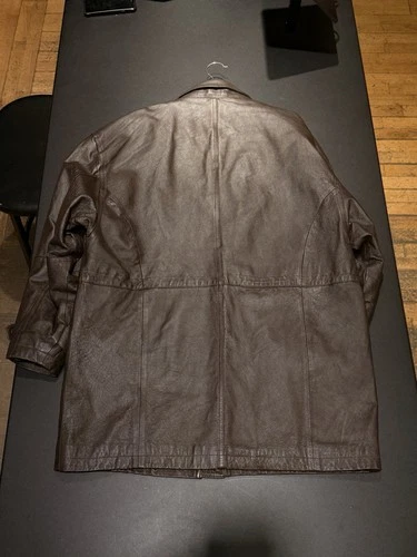 Men's Large Brown Real Leather Cinch Waist Field Jacket Zip and Button Front image 3