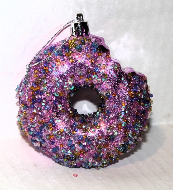 Beaded SPRINKLED Bitten DONUT Pink Glitter Plastic Xmas 4" ORNAMENT yummy