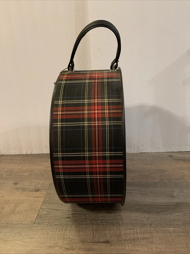 Vintage Atlantic Wig Hat Box Luggage Red Plaid Gray Satin Interior Lock W Key - Image 2 of 4