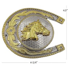 Oversize HORSE BUST in Horse Shoe Belt Buckle Silver GOLD Western Cowboy Large
