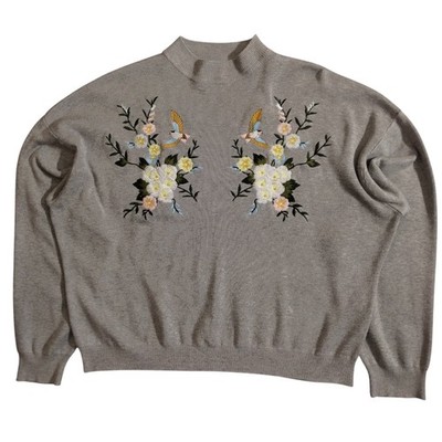 New Look Pullover Damen L grau bestickt Vogel Blumen hochgeschlossen Strickpullover Ripp