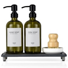 2 Pack Kitchen Soap Dispenser Set - 16oz Green Glass Dish and Hand Soap Dispe...