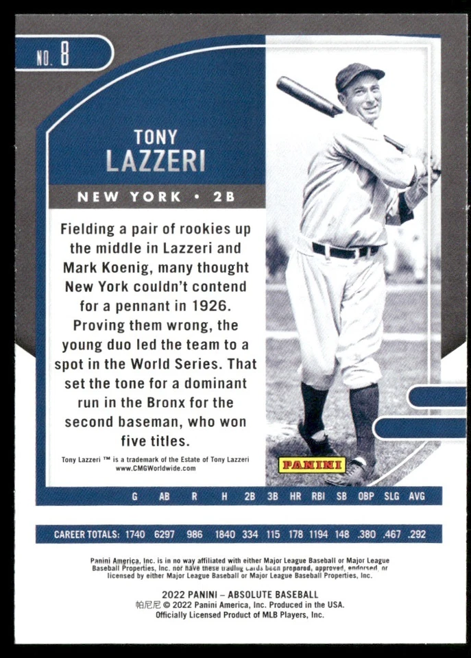2022 PANINI ABSOLUTE TONY LAZZERI NEW YORK YANKEES #8 - Image 2 of 2