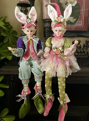 CYNTHIA ROWLEY 2 PC EASTER ELF BUNNY EARS FAIRY SHELF SITTING DOLLS 26''
