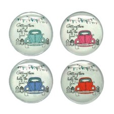 Image of VW VOLKSWAGEN BEETLE GETTING THERE IS HALF THE FUN SET OF 4 GLASS FRIDGE MAGNETS