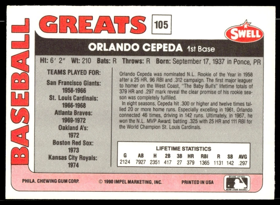 1991 Swell Baseball Greats Orlando Cepeda San Francisco Giants #105 - Image 2 of 2