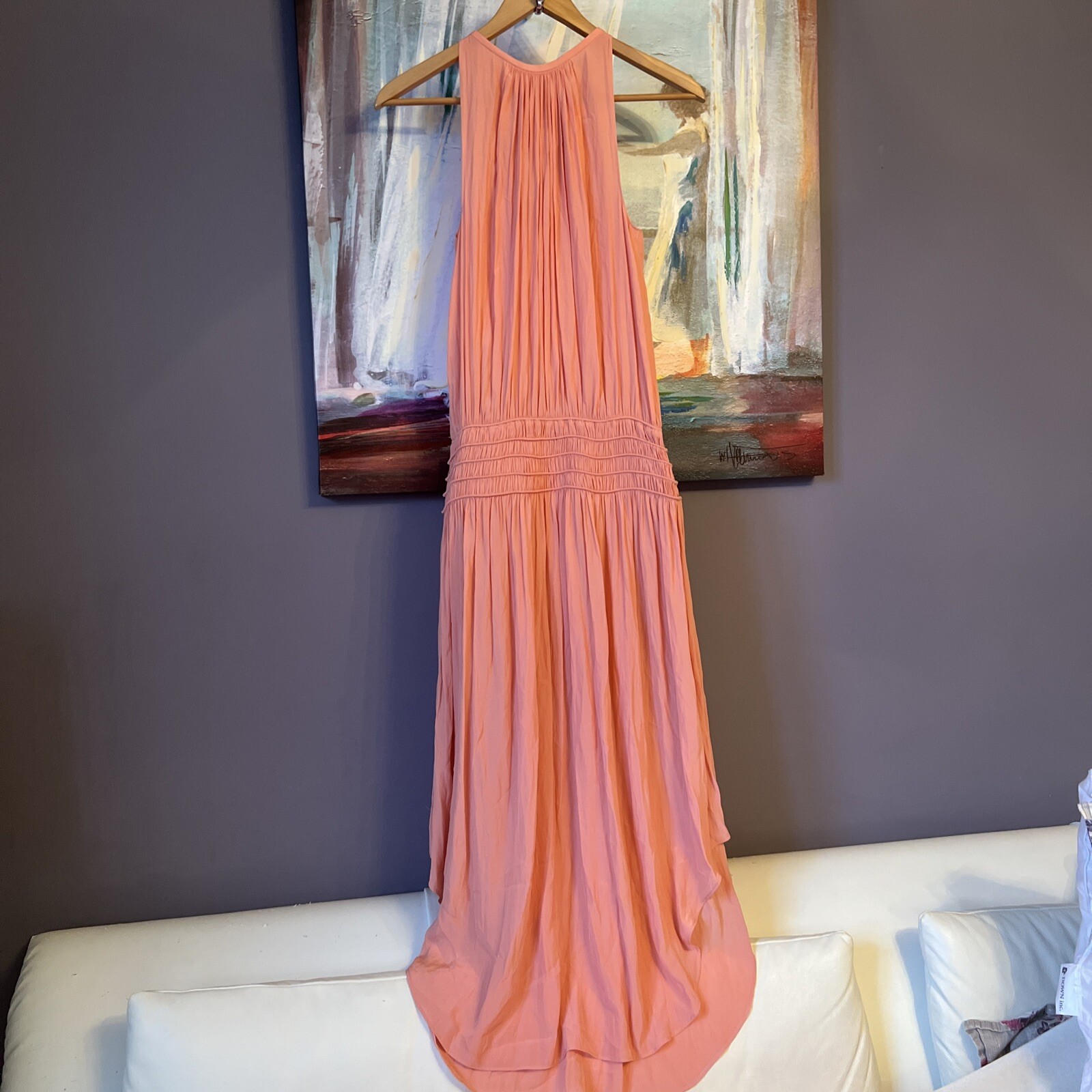 Ramy Brook Audrey Sz S-M Sleeveless Midi Peach Dress Smocked Cinched Waist thumbnail 2
