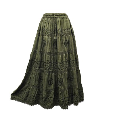 Baumwolle Maxi Rock Bohemian bestickt komplett gefüttert Armeegrün Gr. S M L XL XXL