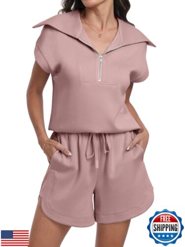 ANRABESS Two Piece Sets for Women Summer Half Zip Short Set Sweatsuit 2 Piece