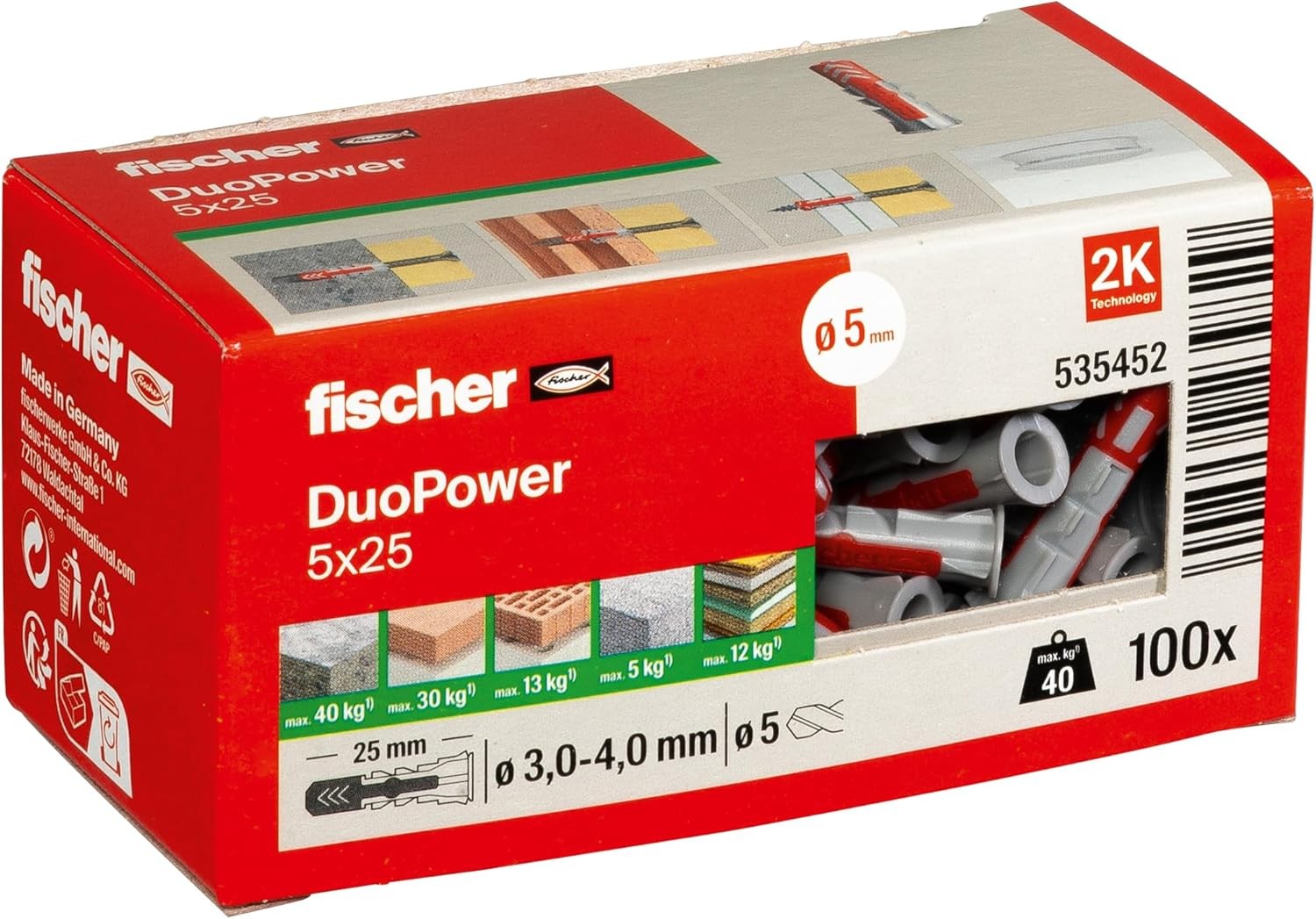 Fischer 535452 DuoPower 5 x 25, Universal Plug with Intelligent 2-Component Tec