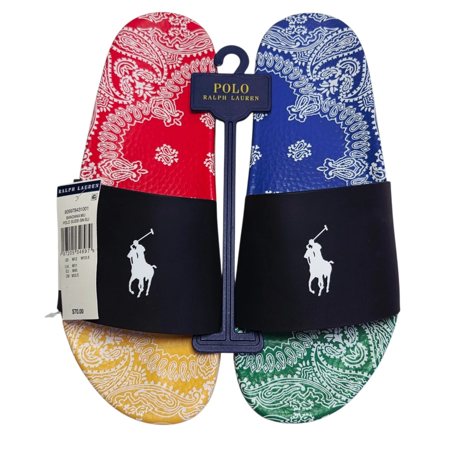 Polo Ralph Lauren Color-Block PAISLEY BANDANA BIG PONY Pool Slides Size 12 NWT