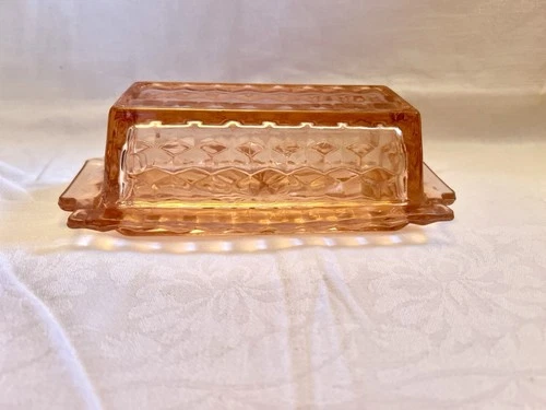 VINTAGE JEANNETTE PATTERN PINK DEPRESSION GLASS BUTTER DISH WITH LID 1929-1939