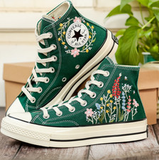 Custom Embroidered Converse Chuck Taylor, Green Converse Embroidery Wildflowers