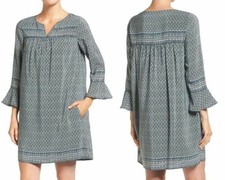 Madewell F7230 Starland Patterned 100 Silk Shift Dress Bell Sleeves Lined XS