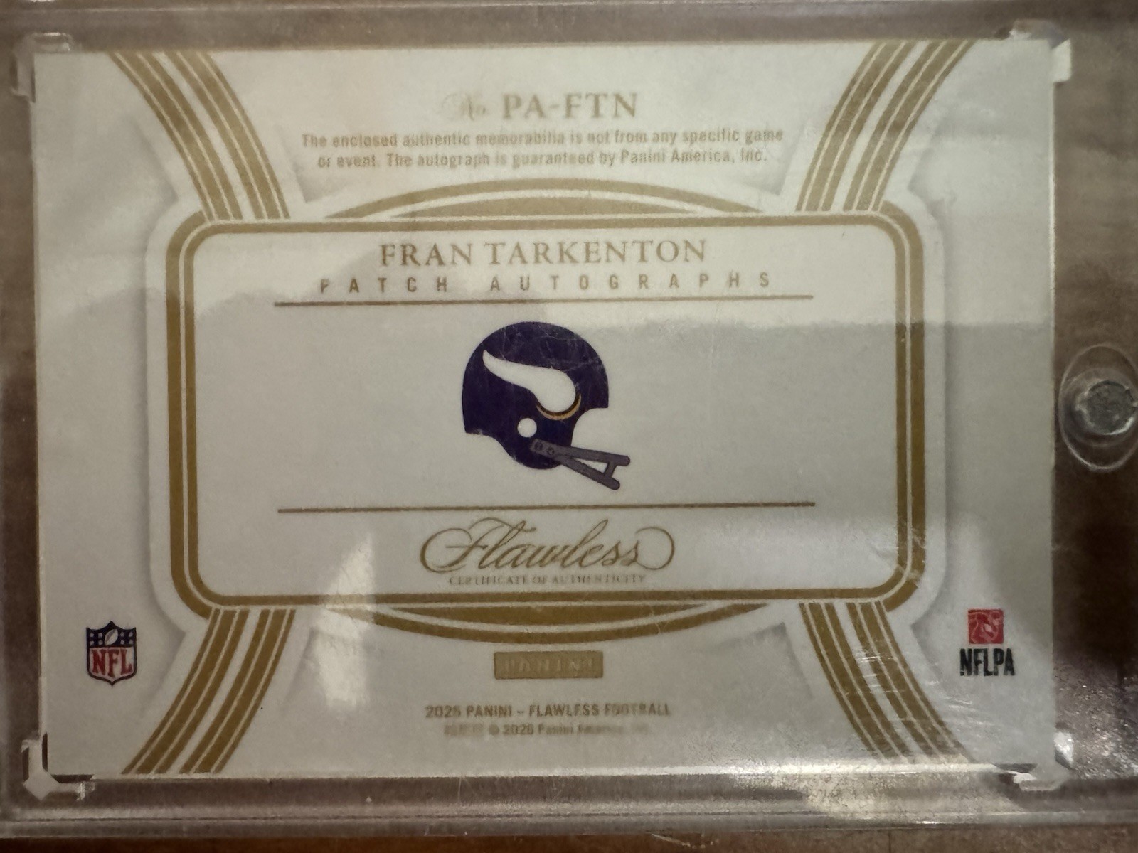 2025 Panini Flawless Fran Tarkenton Minnesota Vikings Patch Auto /25 view 3